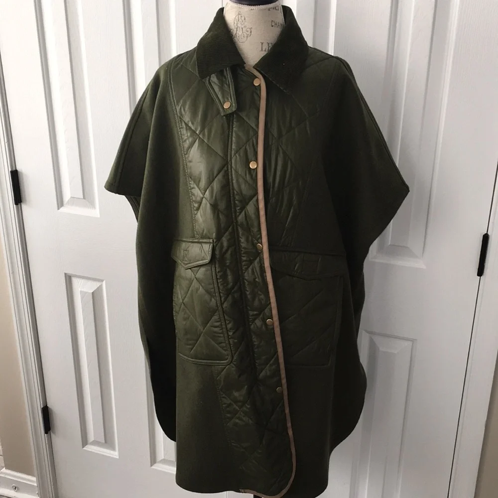 BR SPORT NWT OLIVE QUILTED WOOL BLEND PONCHO TYPE COAT SIZE M/L